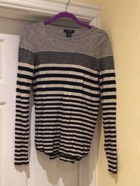 Bloomingdale's Cashemer Gray, Black & Cream Striped Crewneck Sweater